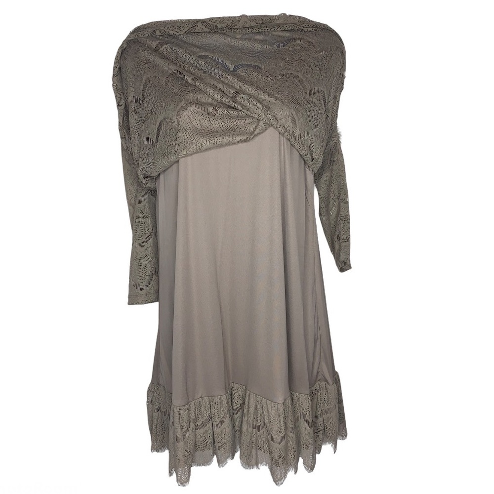 Style & Co Lace Overlay Ruffle Hem Long Sleeve Mini Dress Tan S Cocktail Party - Picture 7 of 15